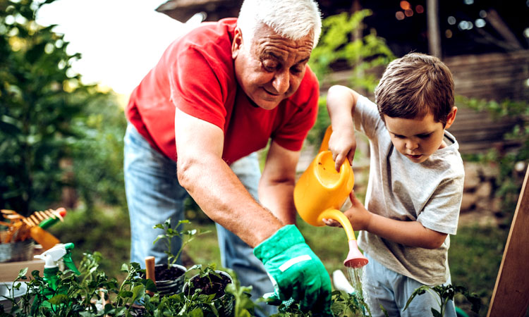 Man gardening with grandchild