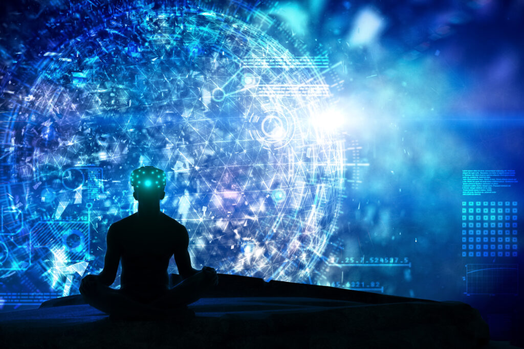 silhouette of a man meditating with blue graphics representing data around him