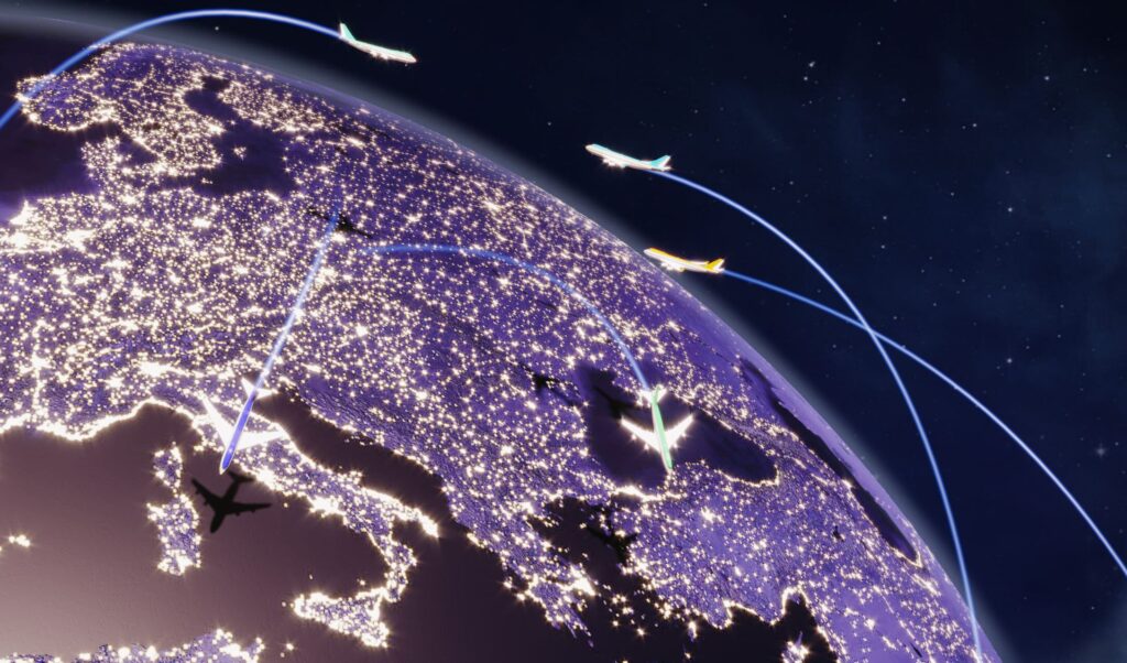 digital image of airplane flight path data across a section of the earth representing data annotation of flight paths