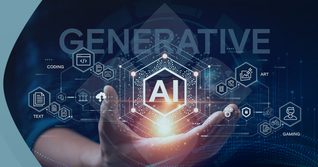 Image of hand holding digital graphics representing Artificial Intelligence and Generative AI with a light beam