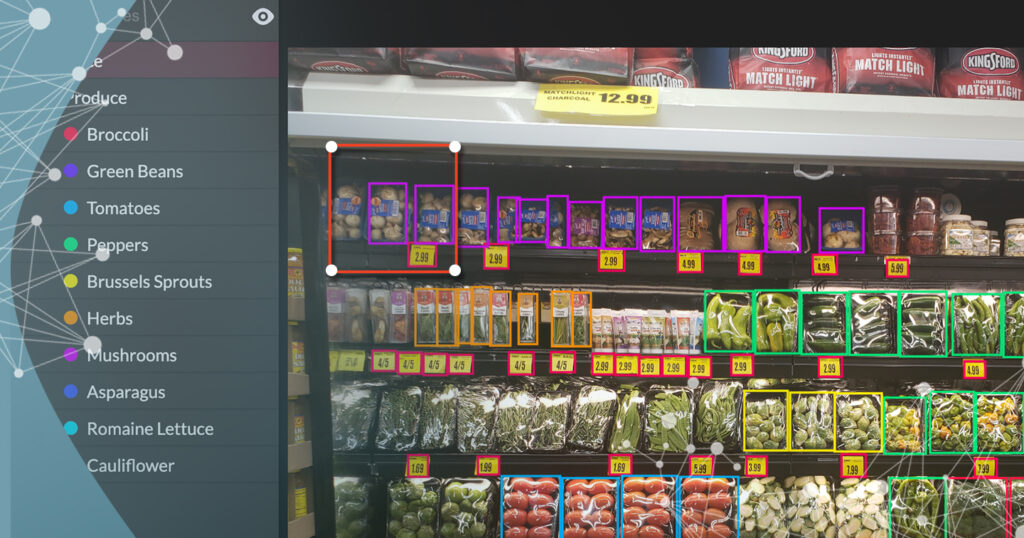 grocery store produce aisle with vegetables to the right 3/4 of the image and to the left 1/4 of the image is data
