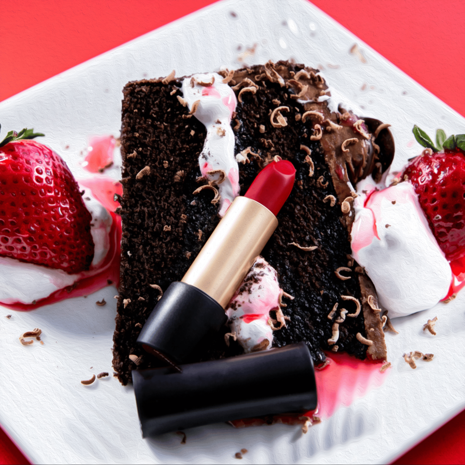 lipstick on chocolate cake with strawberries