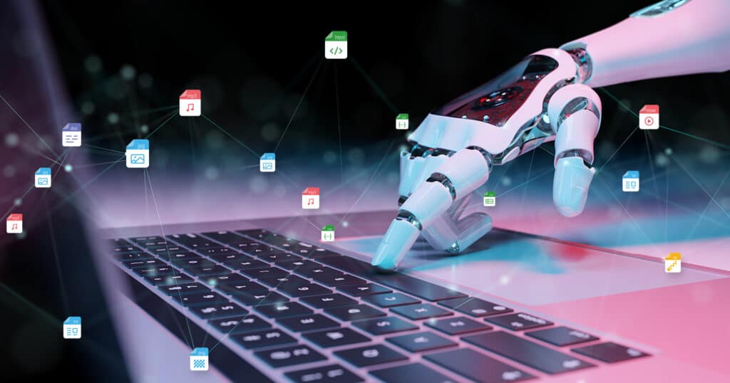 robot hand touching a laptop keyboard. icons representing different data and file types floating around.